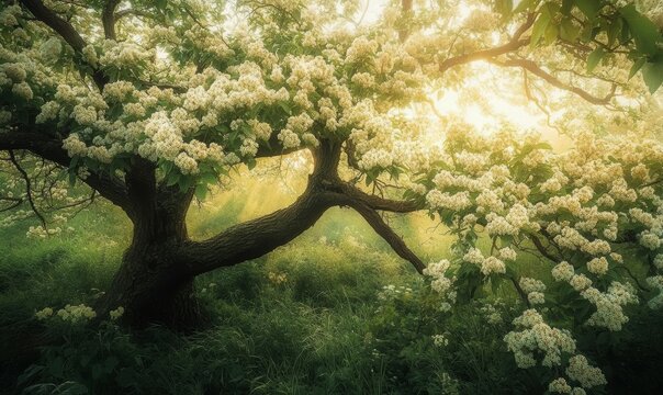Elderberry tree covered in white blooms and lush leaves, woodland ambiance , outdoor photography, flower-filled branches