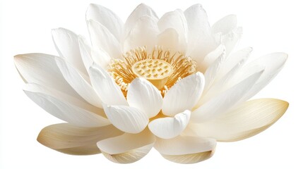 elegant white lotus flower, golden center emitting gentle glow, symbolizing purity, spiritual essence captured, isolated on white background