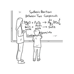 Simple sketch drawing of a  teacher is teaching his students Chemist lessons in a class at school. Education themes in simple sketch concept design vector and good for presentation education purpose.
