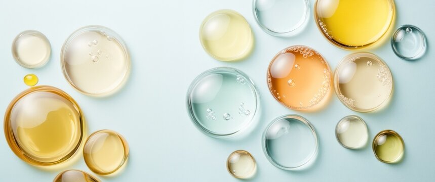 Colorful oil droplets on a light blue surface showcase different skin care textures