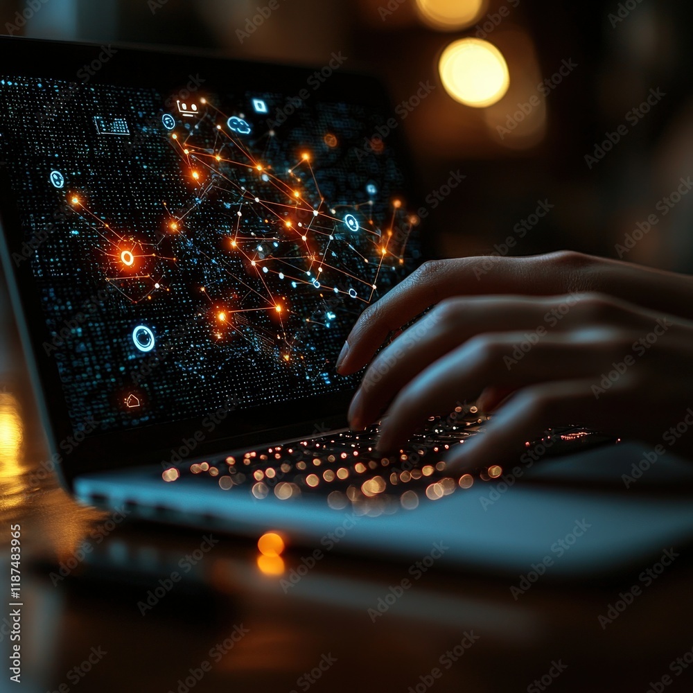 Poster a person interacts with a laptop displaying a network visualization. this image can be used for tech