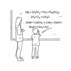 Simple sketch drawing of a  teacher is teaching his students Chemist lessons in a class at school. Education themes in simple sketch concept design vector and good for presentation education purpose.