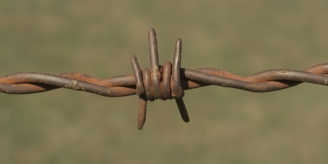 A detailed close-up of weathered, rusty barbed wire against a soft, blurred background signifies the passage of time, resilience, and the contrasting beauty of decay and nature&rsquo;s embrace.