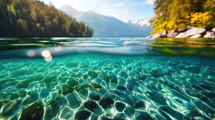   A serene lake surrounded by lush forests under golden sunbeams