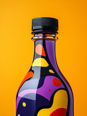 Colorful abstract design on a bottle with orange background.