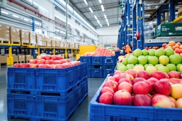 Crisp apples are stored in organized crates within a clean and spacious warehouse