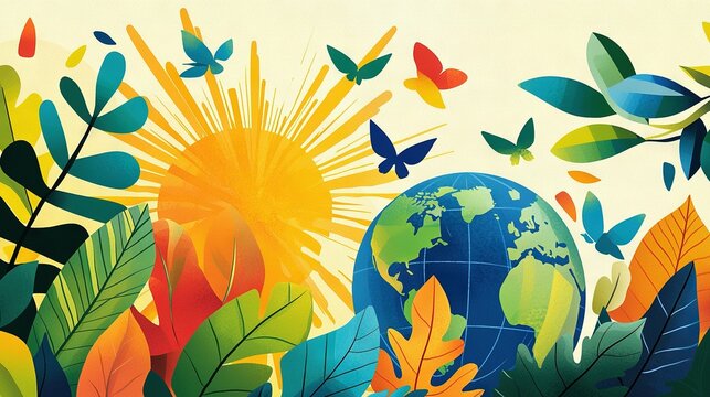   A stunning image of a globe encompassed by vibrant foliage and fluttering insects, with the sun positioned centrally