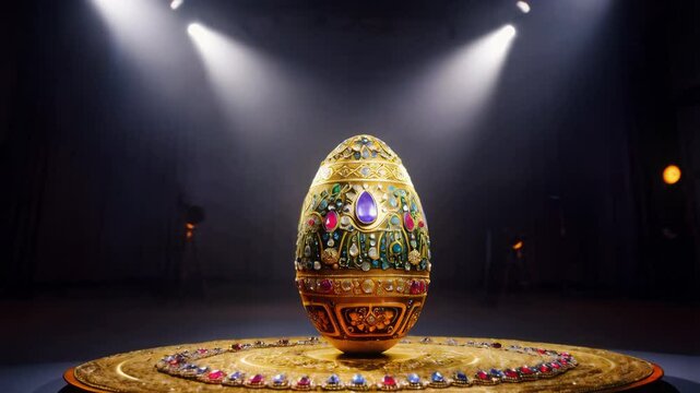 Faberg&eacute; egg intricately adorned with precious jewels, displayed on an elegant golden platform. The beauty and craftsmanship signify luxury