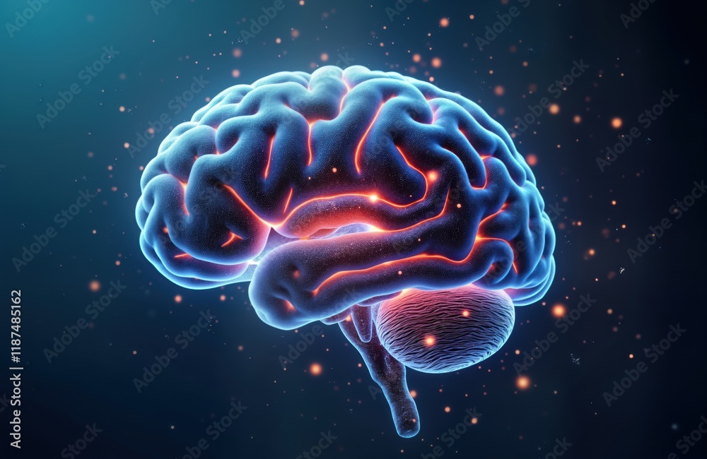 Poster 3d rendered human brain highlights neural connections. detailed brain anatomy, structures visualized