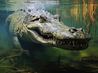 Obraz premium Gator in the Wild: A Close-up of a Ferocious Alligator in Its Natural Habitat