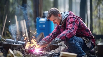 Blacksmith hammers heated metal on an anvil, surrounded by glowing embers and soft lighting