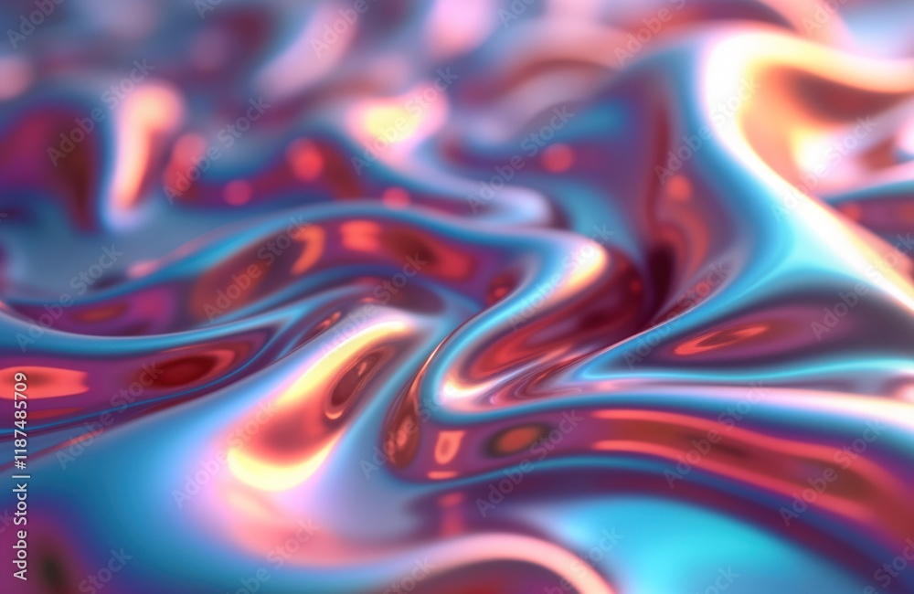 Aufkleber Abstract iridescent chrome fabric with wavy gradient. Colorful rainbow texture. Shiny metallic holographic material with vibrant colors. Fluid dynamic surface with reflections. Creative design.