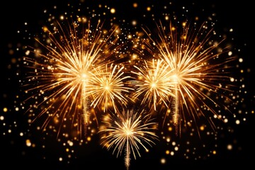 Happy New Year 2022. Festive Gold Fireworks Collage in Night Sky. Celebrate the New Year with Text and Fireworks Display