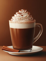 Hot chocolate with whipped cream and cinnamon stick.