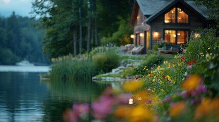 Fototapeta premium A house resting by a lake's edge, surrounded by vibrant flowers and a distant boat