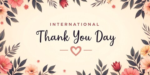 Banner with a heart and flowers that says "International Thank You Day". The banner is white and pink with a floral border. Banner, poster, background, Copy space
