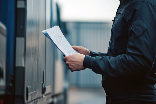 Close-up of a truck driver checking important documents next to a cargo truck outdoors