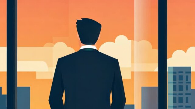 A businessman gazes sadly from his highrise apartment, reflecting on wealths emptiness in a vibrant pop art scene.