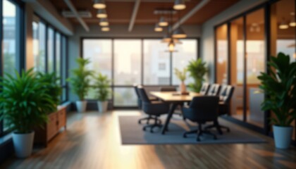 Modern office interior. Blurred view of meeting room. Natural light fills space. Plants add touch of life to environment. Contemporary design with wooden floors, furniture. Stylish, bright ambiance.