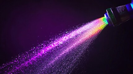 Water sprays from a nozzle, creating vibrant reflections and droplets in bright sunlight