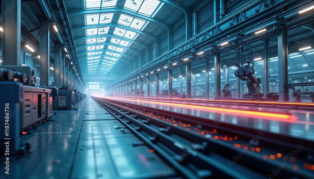 Poster Futuristic smart factory with advanced robotics, AI. Manufacturing process automated. Robotic arms move along conveyor. Holographic datum visible on conveyor belt. High tech industrial setting.