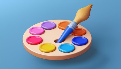 Vibrant 3D Render of Artistic Palette and Brush Icons in a Modern Setting, Showcasing Rich Textures and Intricate Details.