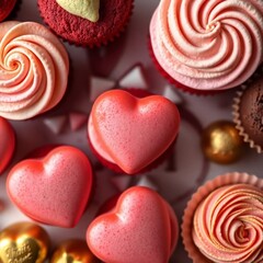 macro close-up top-down view of a luxurious dessert table heart-shaped macarons, red velvet cupcakes with intricate frosting, chocolates in gold foil