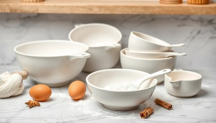 Baking Ingredients and White Ceramic Mixing Bowls on Marble Countertop