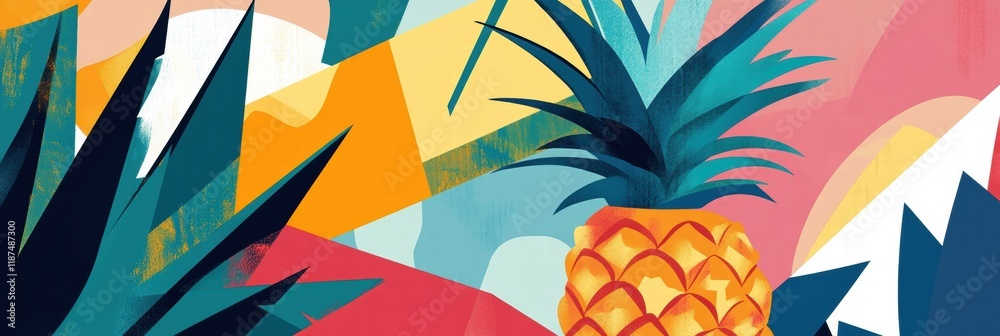 Poster Colorful abstract geometric design featuring a stylized pineapple with vibrant tropical elements and shapes. Generative AI