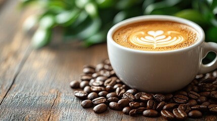 Latte art in white cup on roasted coffee beans.