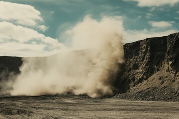 Dust billows from an open-pit mine, highlighting the challenges of harsh mining conditions