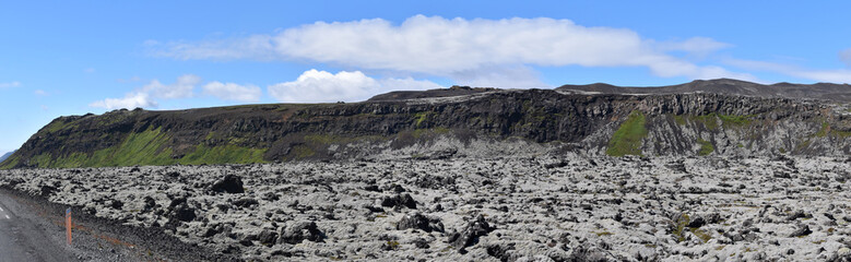 South Coast Iceland landscape by ocean with lava rock covered in white Lichens and Moss by Fagradalsfjall Volcano, Scandinavia, Europe
