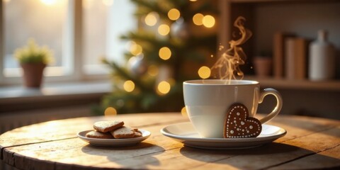 Warm beverage with heart-shaped cookie and biscuits near a decorated tree