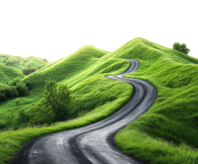 Winding asphalt road through verdant hills scenic landscape natural environment serene viewpoint isolated on transparent background png
