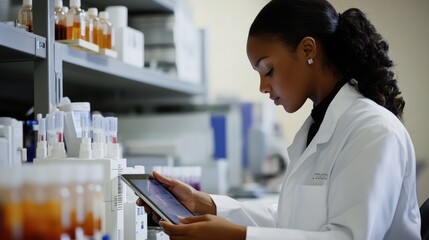 Quality control is being documented by a factory worker using a tablet in a production area