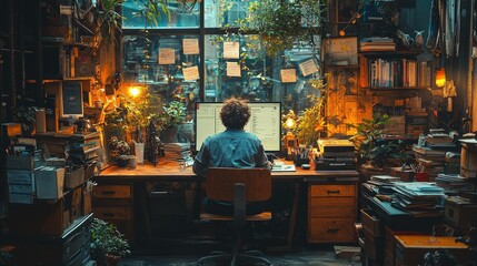 A person sits at a desk in a cozy room filled with plants, books, and warm lighting. Ideal for desktop backgrounds or nature-inspired workspace designs.
