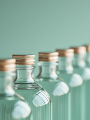 Row of glass bottles on turquoise background.