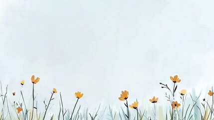   A painting of a field of flowers with a blue sky in the foreground and a white sky in the background