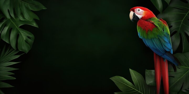 A colorful macaw parrot perches gracefully amidst lush green foliage, showcasing nature's beauty and the vibrant colors of wildlife in a serene tropical environment. - Powered by Adobe