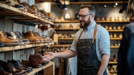 Obraz premium Shoe store employee excitedly shows quality leather shoes to a customer among displays