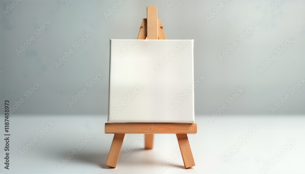 Poster Miniature wooden easel with blank white canvas sits on light background. Empty canvas ready for art display. Ideal for creative art pieces. Small artistic display perfect presentation element. Pro,
