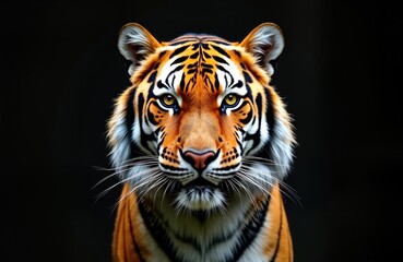 Fototapeta premium Close up portrait of Sumatran tiger. Tiger looking directly at camera. Fur orange, black with stripes. Tiger isolated against black background. Photo shows tiger face, head, beauty, power. Tiger