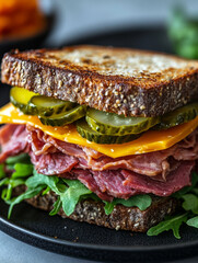 Pastrami sandwich with cheese, pickles, and arugula.