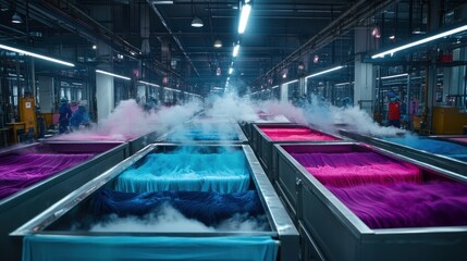 Steaming vats filled with vibrant dyes showcase the fabric dyeing process in China