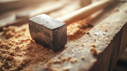 Hammer resting on a wood surface with shavings.