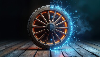 Aged wooden cartwheel transforms into high-tech illuminated digital wheel. Evolution from old to new design. Image represents progress, innovation. Tech wheel glows with bright blue light. History,