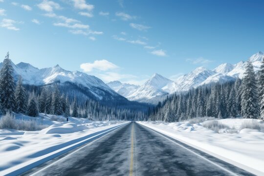 Snow-covered road winds through mountains under a clear blue sky on a sunny winter day