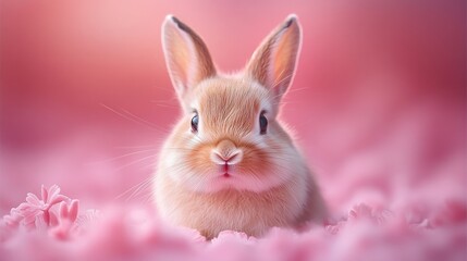 Obraz premium Adorable baby rabbit sitting on fluffy pink background, cute and gentle animal concept
