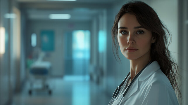 Female doctor in hospital corridor with thoughtful expression, serene healthcare and professionalism concept