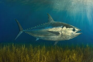 Fototapeta premium Atlantic Bluefin Tuna in Open Water A fast-moving bluefin tuna cuts through the deep blue water, its silvery body catching glimmers of light as it races through the open sea